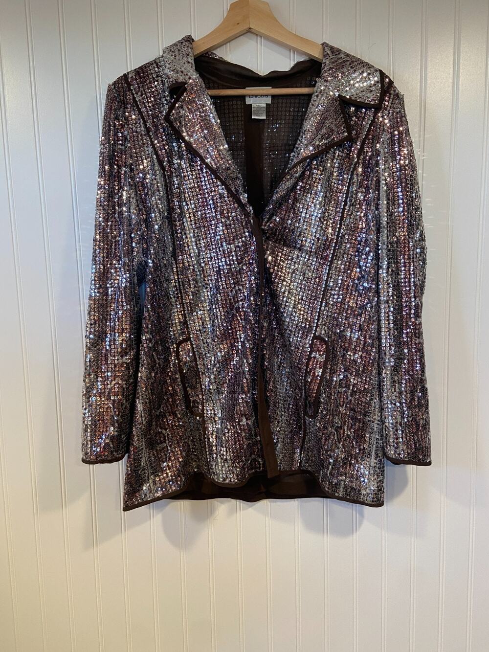 Chicos Blazer Women Size 1 (M) Sequin Snake Print Belt Pockets Longline Collar